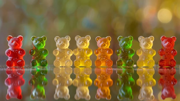 A lineup of gummy bear candies placed in neat rows, showcasing vibrant colors like red, green, yellow, orange, and clear. the backlit setting creates a bokeh effect with glittering reflections on the surface, enhancing the cheerful and playful mood.