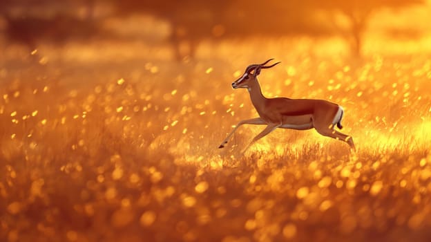 Gazelle sprinting gracefully across the golden, sunlit african plains. the vibrant image essence of wildlife in its natural habitat, showcasing the beauty and agility of the gazelle amidst a stunning, warm landscape.