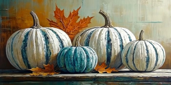 A row of uniquely painted pumpkins showcases shades of white and blue, surrounded by vibrant autumn leaves, creating a warm seasonal atmosphere.