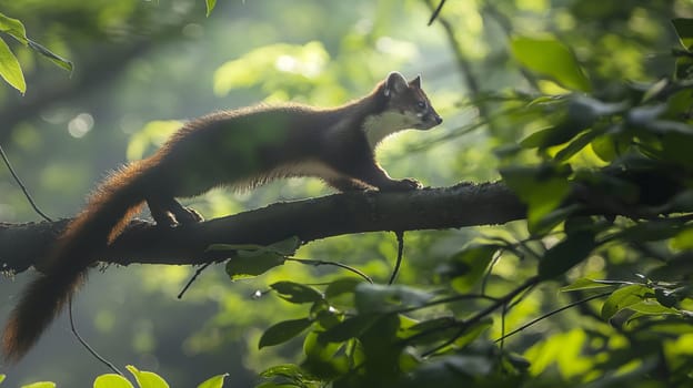 Pine marten gracefully moves along a tree branch in a sunlit forest, surrounded by vivid green foliage. the scene natural behavior and habitat of this agile mammal during a serene woodland moment, emphasizing the beauty of wildlife in its natural environment.