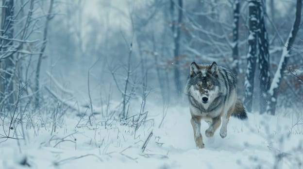 A captivating scene featuring a majestic wolf running through a snowy forest. the wolf's fur blends seamlessly with the winter environment, its natural beauty and strength. ideal for wildlife posters, nature photography enthusiasts, and winterthemed designs.