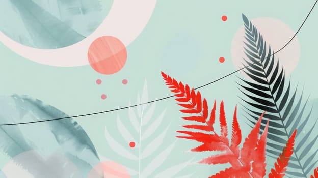Modern abstract design featuring vibrant red and green fern leaves against a soft mint green background. the composition includes geometric shapes like circles and subtle line patterns, creating a visually appealing contemporary art style ideal for prints, cards, and posters.