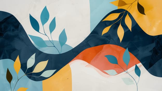 Modern abstract art featuring colorful leaves in vibrant blue, yellow, and orange tones. the composition includes flowing shapes and a clean, textured background, perfect for use in wall art, posters, and card designs, creating a contemporary aesthetic.