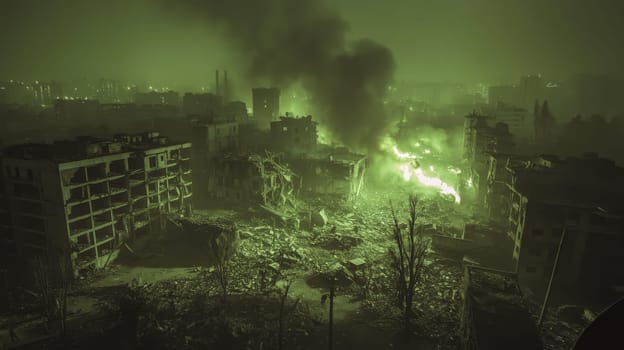 A drone's night vision captures a devastated urban area with heavily damaged buildings, dense smoke, and fires illuminating the scene. the cityscape appears ravaged by a catastrophic event, reflecting turmoil and destruction across the landscape.