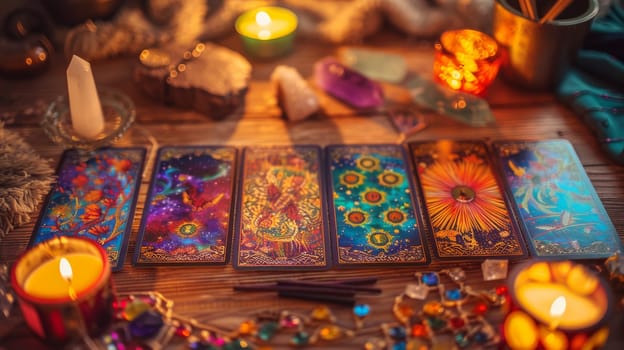 Mystical tarot card spread displayed on a wooden table, surrounded by vibrant candles, intricate crystals, and other esoteric tools. perfect for print designs, posters, cards, or spiritual and esoteric decor themes.