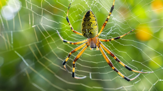 Vibrant scene featuring a golden silk orb weaver spider on its intricately woven web with a green and yellow background. the spider's detailed patterns and the web's delicate structure present an ideal subject for nature posters or educational materials.