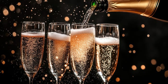 Elegant celebration scene with champagne pouring into glasses, perfect for festive occasions and parties.