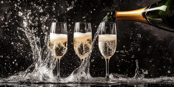 Celebration with champagne: close-up of hand pouring sparkling wine into flutes.