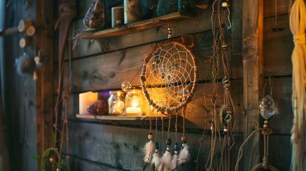 Bohemian home decor scene features a handmade dreamcatcher with intricate design hanging on a wooden wall. softly lit candles and decorative jars create a warm, cozy ambiance, enhancing the rustic appeal. ideal for boho interiors and lifestyle inspiration.