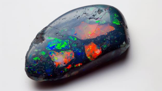 A polished black opal displaying a vibrant play of colors including bright reds, greens, and blues, with iridescent patterns. the opal's surface features a mix of smooth and cracked textures, making it a unique and captivating gemstone for collectors and jewelry design.