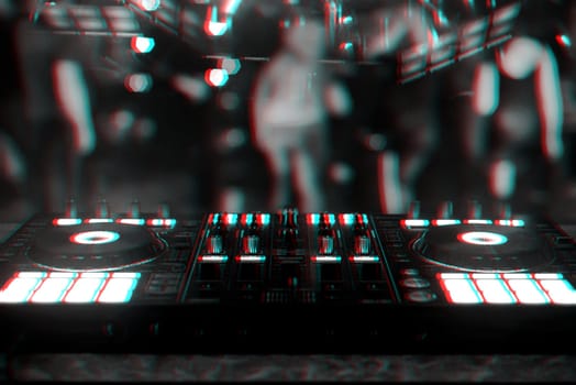 professional DJ controller for mixing electronic music in a nightclub. Black and white photo with glitch effect and small grain