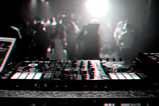 professional DJ mixer controller at a concert in a nightclub. 3D glitch virtual reality effect