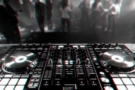 professional DJ controller for mixing electronic music in a nightclub. Black and white photo with glitch effect and small grain