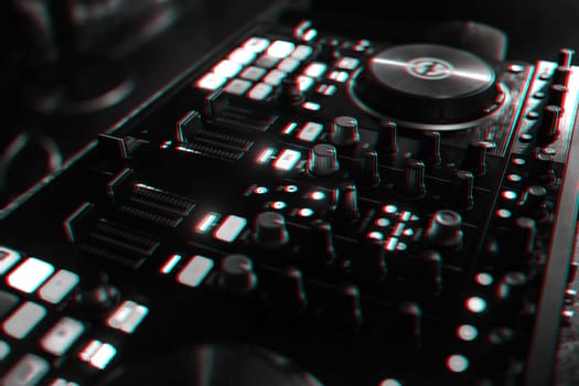 backlit buttons on a modern Board of management of the music for the DJ. Black and white photo with glitch effect and small grain