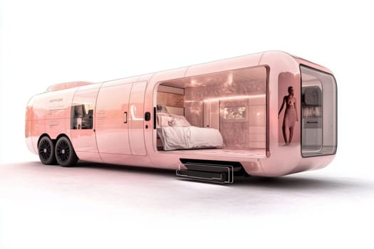 A sleek mobile hotel showcases a minimalist interior, featuring a spacious bed and convenient amenities. The innovative design caters to modern travelers who prioritize comfort for sales website