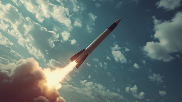 Iranian bavar 373 missile shown in midflight intercepting a highaltitude target. the missile's powerful launch is contrasted against a clear sky with scattered clouds, depicting advanced air defense capabilities and technological advancements.