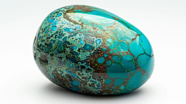Chrysocolla stone exhibiting a vibrant mix of blue, green, and brown hues, featuring intricate patterns and textures. the stone's polished surface highlights its natural beauty, making it an ideal subject for print designs, posters, and cards.