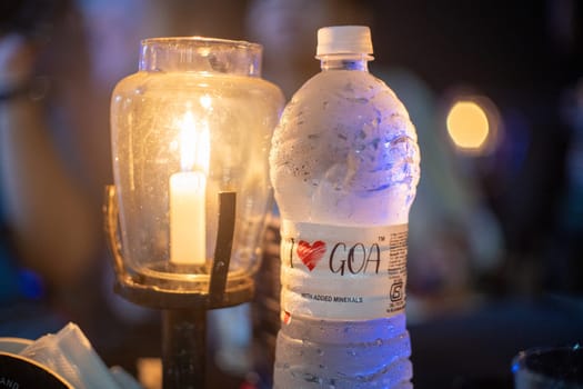 Goa, India - 15th Aug 2024: Bottle of mineral water showing I love Goa a common slogan across elements showing the popular tourist destination party place and romantic travel location