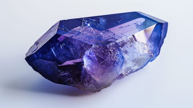 Benitoite, a rare and beautiful mineral, is captured in this closeup photograph. the image highlights the vivid blue and purple hues, intricate crystal formations, and polished surface, showcasing the gemstone's striking visual appeal and unique characteristics.