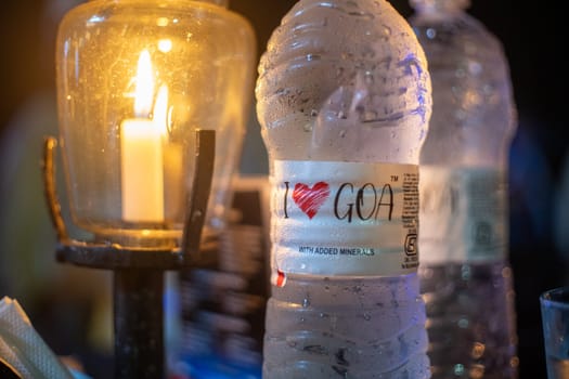 Goa, India - 15th Aug 2024: Bottle of mineral water showing I love Goa a common slogan across elements showing the popular tourist destination party place and romantic travel location