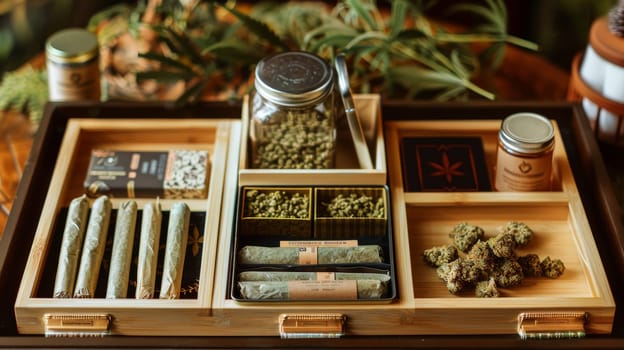 Cannabisthemed gift set containing prerolled joints, dried buds, hemp products, and accessories arranged neatly in a wooden tray. ideal for cannabis enthusiasts and serves as a perfect gift for relaxation and enjoyment.
