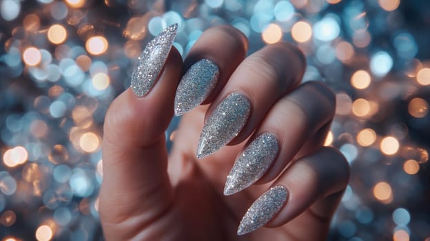 A stunning closeup shot of a hand featuring glittery silver stiletto nails, set against a defocused bokeh background with a mix of soft blue and warm yellow lights. the image highlights the intricate details and reflective quality of the glitter.