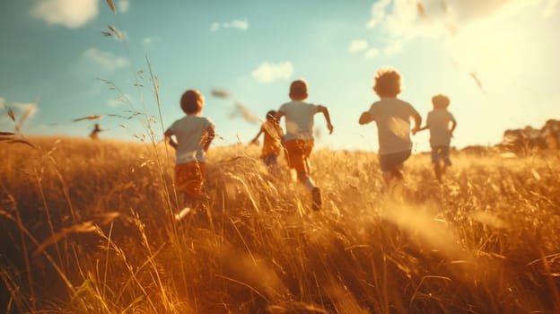 A group of children races through a sunlit field filled with tall grass, their laughter blending with the gentle breeze as the golden light casts a warm glow around them - Generative AI