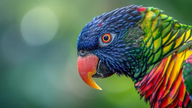 A detailed close-up of a parrot's head showcasing its vivid, multicolored feathers against a blurred green background. the striking contrast and intricate patterns of the feathers highlight the parrot's natural beauty, ideal for nature and wildlife-themed designs.
