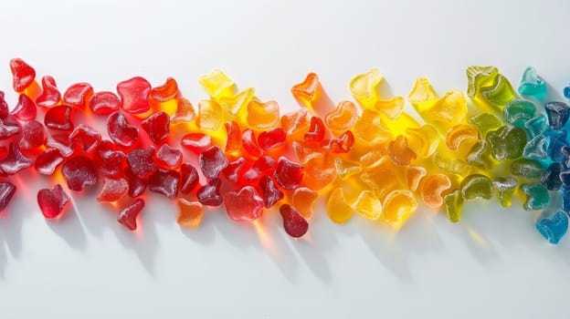 Vibrant rainbow gummy candies are artfully arranged in a gradient from red to blue. the colorful display makes it perfect for cheerful designs, marketing materials, sweetthemed decor, posters, and promotional campaigns.