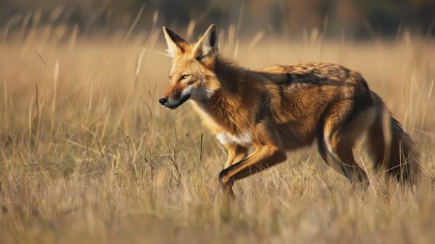 Maned wolf gracefully trotting through a grassy savannah, showcasing its unique fur and natural habitat. sunlight highlights its distinctive coat patterns, creating a serene and captivating wildlife scene, perfect for nature and animal photography collections.