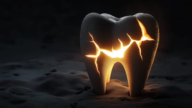 Dramatic artistic rendering of a cracked tooth with glowing fissures, symbolizing dental health issues. the dark background emphasizes the illuminated cracks, the significance of dental care and treatments. ideal for health campaigns and educational materials.