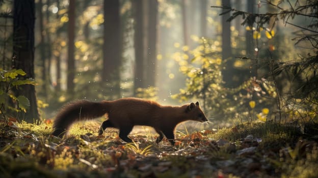 Pine martens dashing across the forest floor in soft, sunlit soil surrounded by rich vegetation and tall trees. ideal for wildlife photography collections, nature conservation projects, and environmental awareness campaigns.