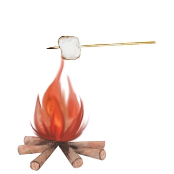 Marshmallow on a wooden stick watercolor. Hand drawn sweet caffeta on a skewer on an isolated white background. Clip art in camp and barbecue style. Ideal for marshmallow packaging. High quality photo