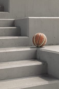 Old basketball ball on cement floor with Stairs leading and Natural light. use it as your Wallpaper, Poster and Copy space, Selective focus.
