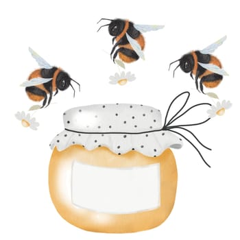 Honey watercolor. Hand drawn honey jar with bees and label. Clip art of organic natural product on isolated white background. Ideal for farm products and bee products packaging. High quality illustration