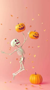 Skeleton is playfully juggling pumpkins in the air, capturing the festive spirit of halloween with an orange background and scattered white petals