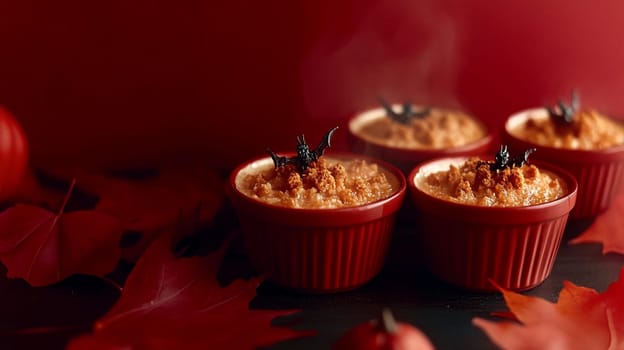 Four red bowls of food with pumpkin spice and pumpkin pie spice on top