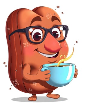 The image depicts a cartoon character resembling a coffee bean. The character is anthropomorphized with a pair of glasses and a friendly expression. The character is holding a blue cup filled with coffee, which is being poured into the cup. The character is standing on a white background, and the coffee bean is surrounded by small stars. (transparent, isolated)
