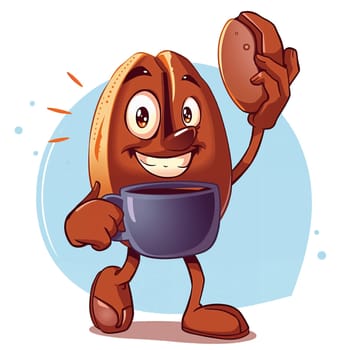 The image depicts a cheerful cartoon coffee bean character standing upright and holding a blue coffee mug in its right hand. The coffee bean is wearing a pair of brown shoes and has a friendly smile on its face. The background is a light blue color with white bubbles scattered around the character. (transparent, isolated)