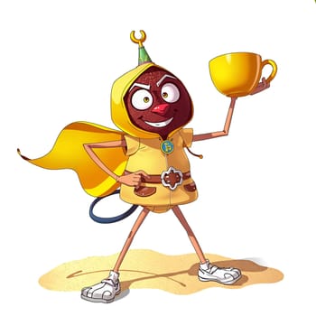 The image depicts a cartoon character with a brown body, wearing a yellow hoodie and a striped shirt. The character has a red nose and is holding a yellow cup in one hand and a yellow spoon in the other. The character is standing on a sandy surface, with a blue and white striped scarf around its neck. (transparent, isolated)