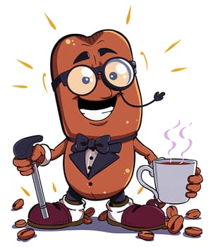 The image depicts a cheerful cartoon character resembling a coffee bean. The character is wearing a black bow tie and holding a cup of coffee in one hand and a cane in the other. The character is standing on a white background, surrounded by scattered coffee beans. The character's face is lit up with a big smile, and the character's eyes are wide open, suggesting a sense of surprise or excitement. (transparent, isolated)