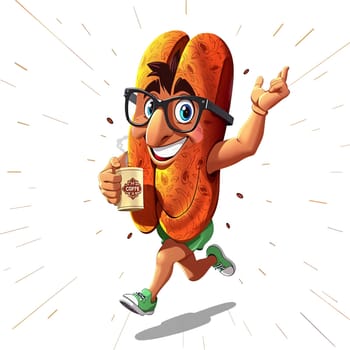 The image depicts a cartoon character resembling a coffee bean in motion. The character is wearing a pair of glasses and is holding a cup of coffee in one hand and pointing upwards with the other. The character is wearing a shirt and shorts, and is running. The background is a stark white, which contrasts with the vibrant colors of the character and the coffee bean. The character's position and the direction of its movement suggest a sense of speed and energy. (transparent, isolated)