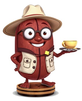 The image depicts a cartoon character resembling a coffee bean, standing on a wooden platform. The coffee bean is wearing a hat and glasses, giving it a friendly and approachable appearance. The coffee bean is holding a yellow cup in its right hand and a saucer in its left hand, suggesting it might be serving a hot beverage. The background is a plain white color, which contrasts with the brown wooden platform and the yellow cup, making the coffee bean and its actions stand out. (transparent, isolated)
