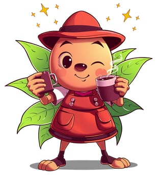 The image depicts a cartoon character with a round body, large eyes, and a small nose. The character is wearing a red hat and a red dress, and is holding a cup of coffee in one hand and a cup of tea in the other. The character is surrounded by green leaves, and the background is filled with yellow stars. (transparent, isolated)