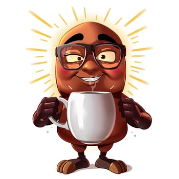 The image depicts a cartoon character with a round body, brown skin, and a pair of glasses. The character is holding a white mug in its left hand and appears to be drinking from it. The character is standing upright, and is wearing brown shoes. The background is a stark white, which contrasts with the character's brown skin and the white mug. The character is surrounded by rays of light, suggesting a bright and sunny day. (transparent, isolated)