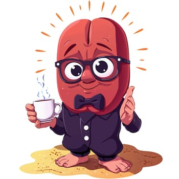 The image depicts a cartoon character resembling a coffee bean. The character is anthropomorphized with a pair of glasses, a bow tie, and is holding a white cup filled with coffee. The character is standing on a sandy surface, with a few specks of dirt visible around its feet. The character's face is lit up with a smile, and it is giving a thumbs up gesture. (transparent, isolated)