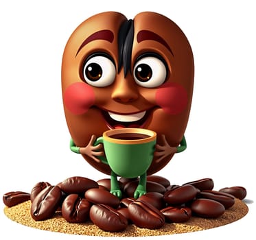 The image presents a cartoon character resembling a coffee bean with a cheerful expression. The character is holding a green cup filled with coffee, and it is standing on a bed of coffee beans. The background is a plain white color. (transparent, isolated)