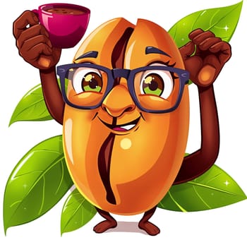 The image depicts a cartoon coffee bean character with a cheerful expression, wearing a pair of glasses and holding a pink cup of coffee in its left hand. The coffee bean is surrounded by green leaves, creating a vibrant and lively scene. (transparent, isolated)