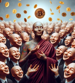 A woman with tattoos on her body is surrounded by a crowd of people, all of whom are smiling. The woman is holding a coin in her hand, and the crowd is throwing coins at her