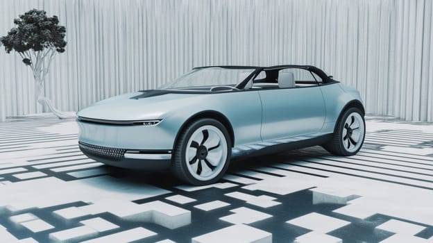Sleek silver electric suv parked in a stylish minimalist garage with a tree, showcasing luxury, elegance, and speed in a modern design